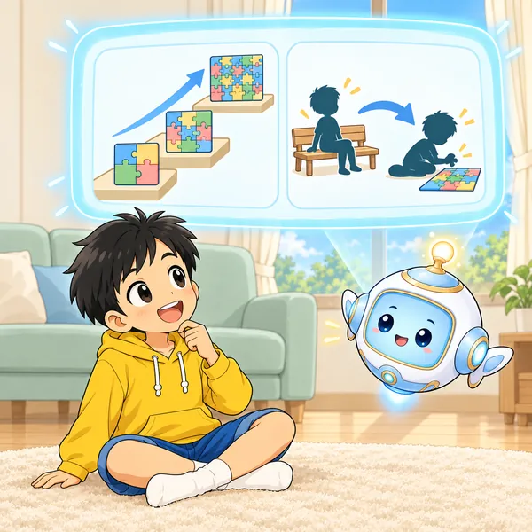 AIロボットが、ピースの多いパズルへ上がる階段の絵を見せている。