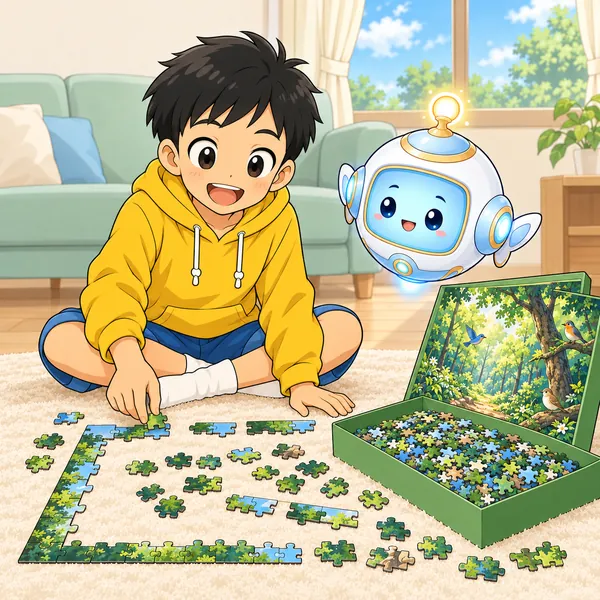 ハルがピースの多いパズルを始めてわくわくしている。