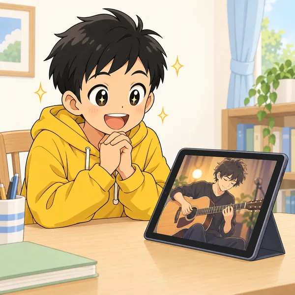 ハルが動画で、かっこよくギターをひく人を見て、目をかがやかせている