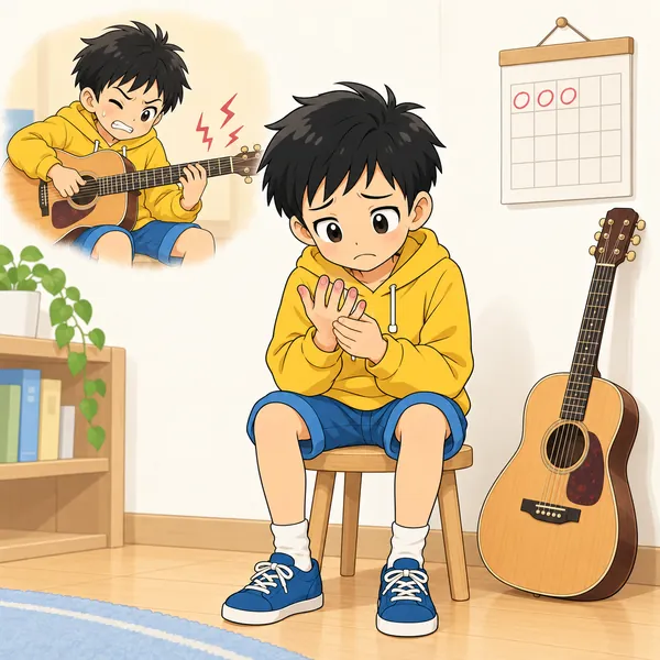 ハルが買ってもらったギターを持つが、指が痛くて音も出ず、3日でかべに立てかけたままにしている