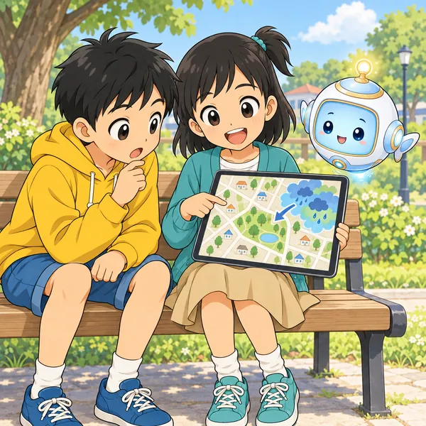 タブレットの地図で、雨雲のかたまりが公園に近づいているのをハルとミオが見ている。