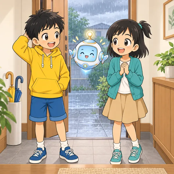 雨がふり出した外を見ながら、玄関の中のハルとミオがほっとしている。