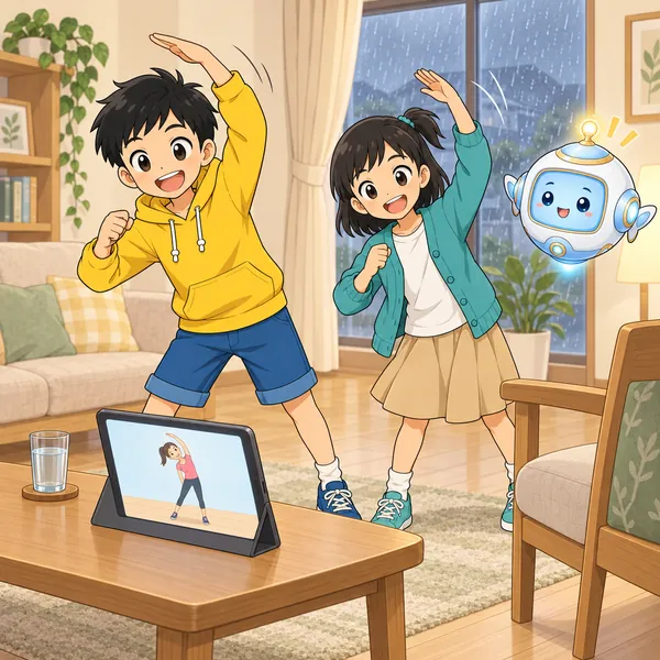 雨の日のリビングで、ハルとミオが体操の動画を流し、テーブルの近くで手を大きくふっている。