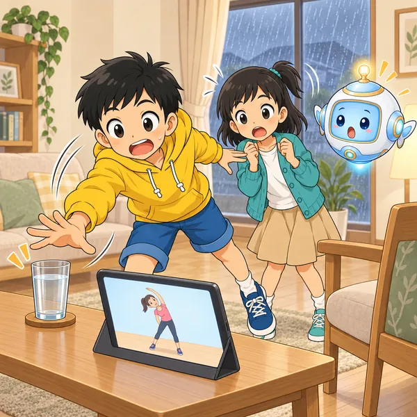 ハルの手がコップにあたりそうになり、2人がびっくりしている。