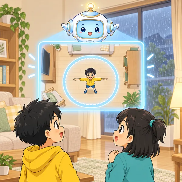 AIロボットが、物をよけた広い床と、手を広げてもぶつからない円の絵を窓に見せている。