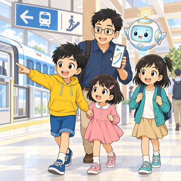 駅のコンコースで、ハルがお父さんのスマホの案内を見て歩き出そうとしている。