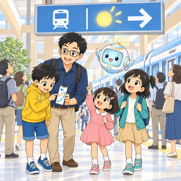 頭の上の案内板が点めつし、妹が指さしているが、ハルはスマホを見たまま。