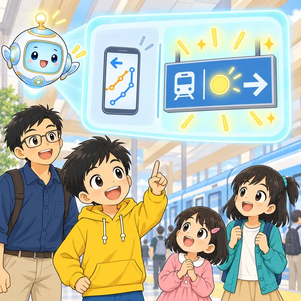 AIロボットが、スマホの案内と駅の案内板を並べ、案内板が新しい情報だと示す絵を窓に見せている。