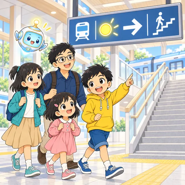 ハルが案内板を見てホームの変更をお父さんに伝え、家族で別のホームへ向かっている。