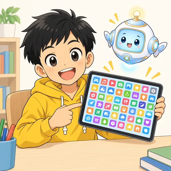 ハルのタブレットの画面が、たくさんのアプリのアイコンで埋まっている