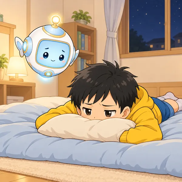 夜、ハルがふとんで、今日はいいことがなかったとむすっとしている。