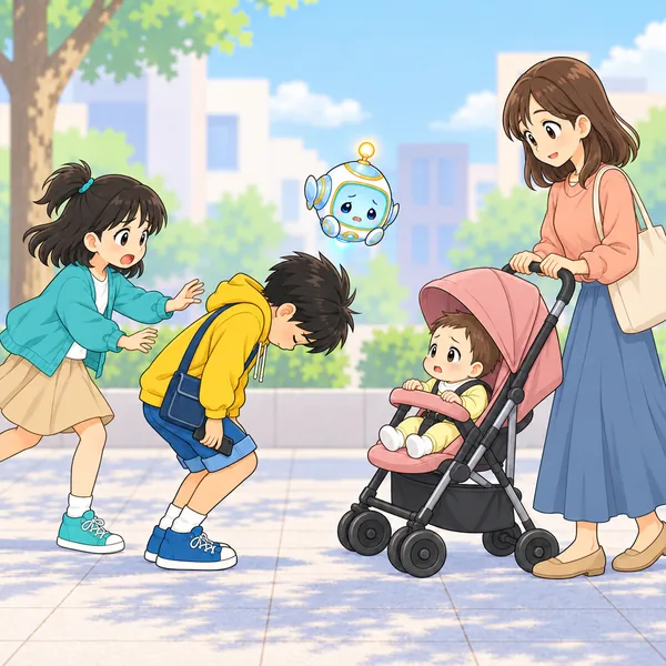 ハルがしゃがんで、お母さんと赤ちゃんに深く頭を下げて謝っている