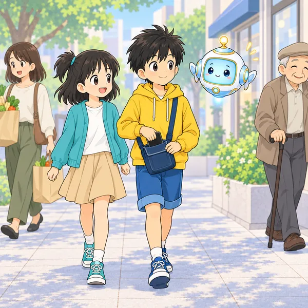 ハルがスマホをかばんにしまい、しっかり前を見て歩いている