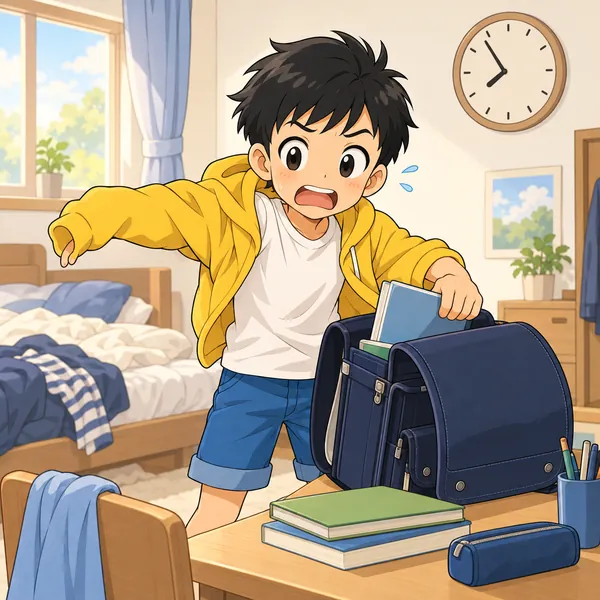 朝の部屋。ハルが寝坊して、あわてて服を着ながらランドセルに物を詰めこんでいる