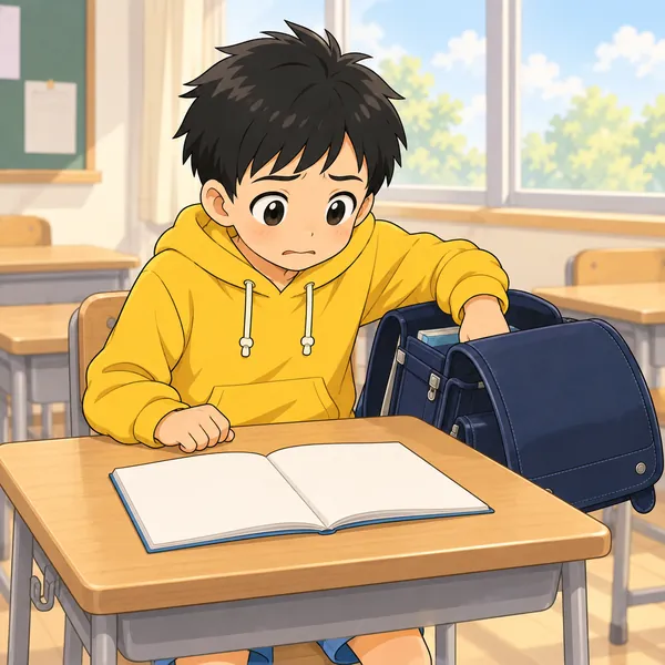学校。ハルが机で、忘れ物に気づいてしょんぼりしている