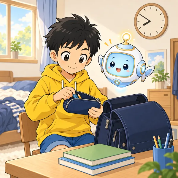 次の朝。ハルが5分だけ早く起きて、机で持ち物をゆっくり確かめている