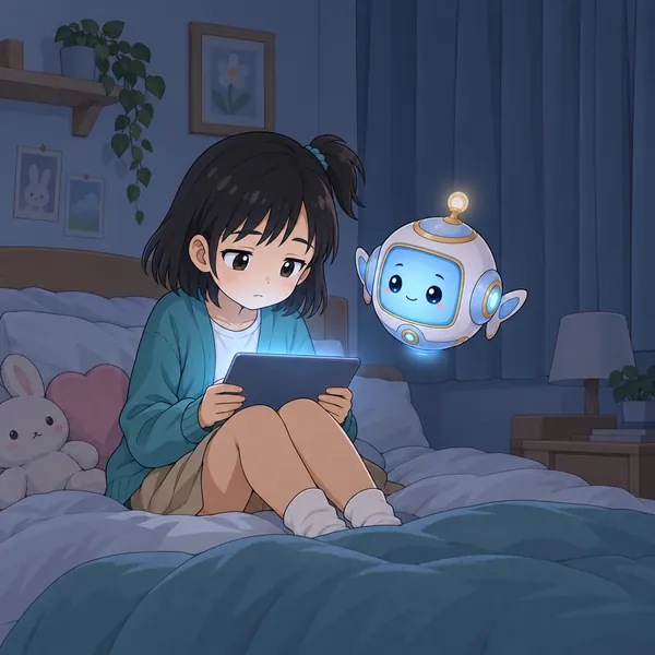 カーテンをしめたうす暗い部屋で、ミオがベッドの上でタブレットを見ている。