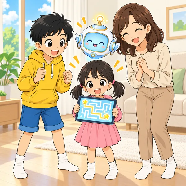 妹が笑顔でゲームを持ち、ハルと母が見守っている。