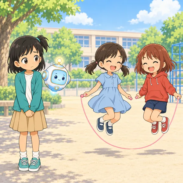 なかよしの子が転校生と遊ぶのを、ミオがはなれた所から見ている。
