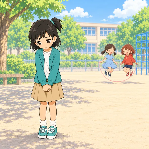 ミオが校庭のすみで、ひとりでさみしそうにうつむいている。