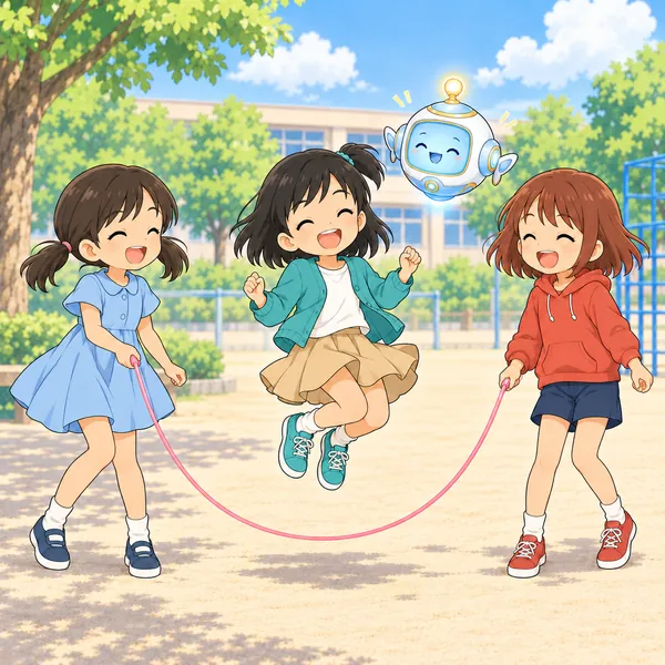 ミオとなかよしの子と転校生の三人で、長なわとびをして笑っている。