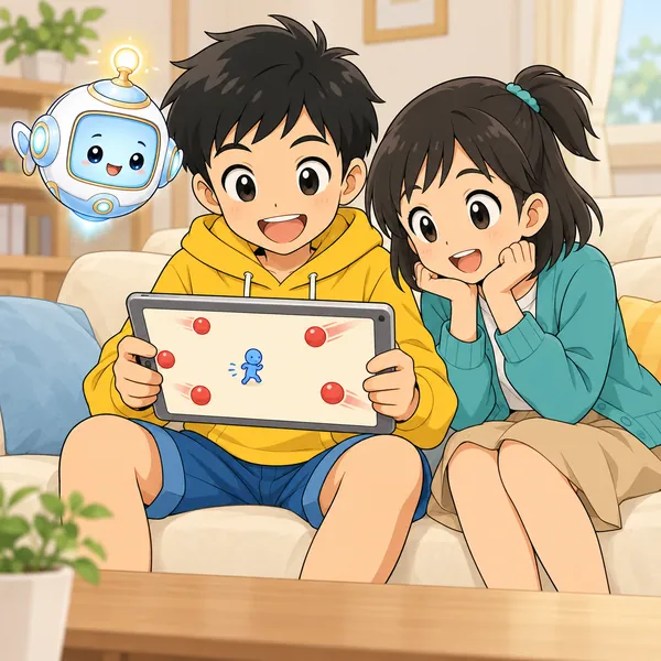 ハルがタブレットで自作のよけるゲームを遊び、ミオがのぞいている。