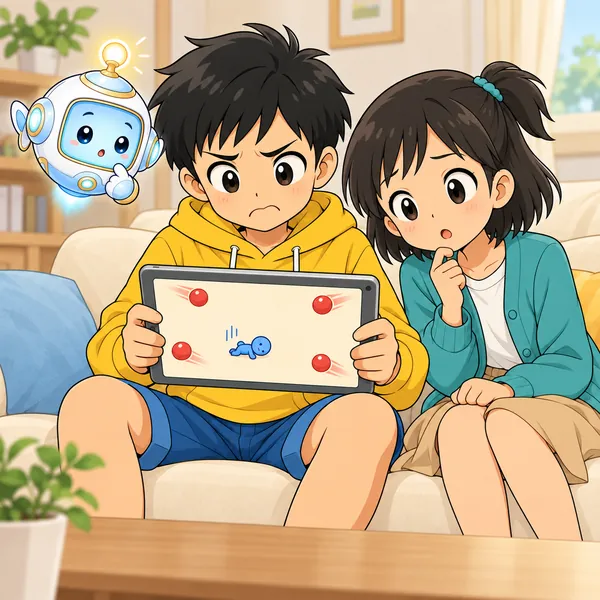 画面ではキャラクターと玉がはなれて見えるのにやられ、ハルが不満そうにしている。