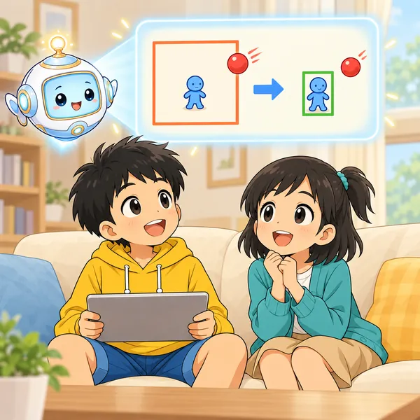 AIロボットがキャラクターに重なる見えない枠の図を浮かべ、小さな枠に変えて見せている。