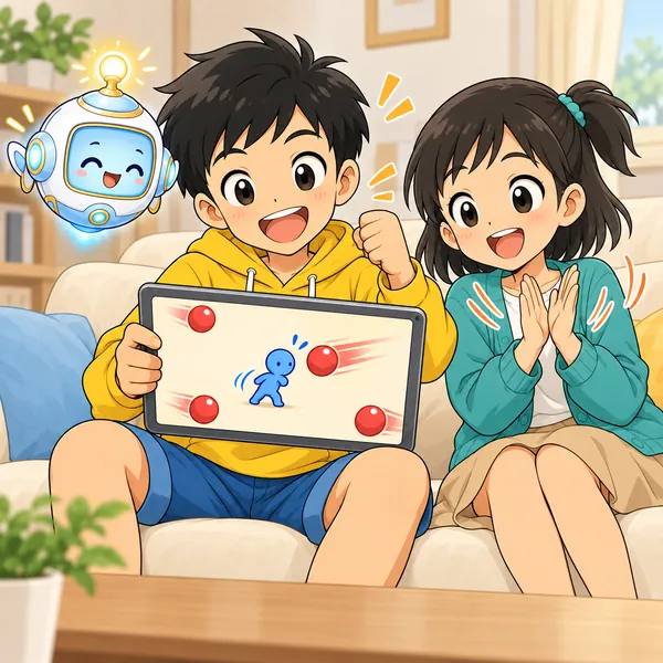 ハルが玉すれすれでよけて笑い、ミオが拍手している。