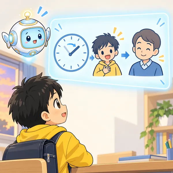AIロボットが、時間がたってからでも口を開く子と、やさしい大人の絵を見せている。