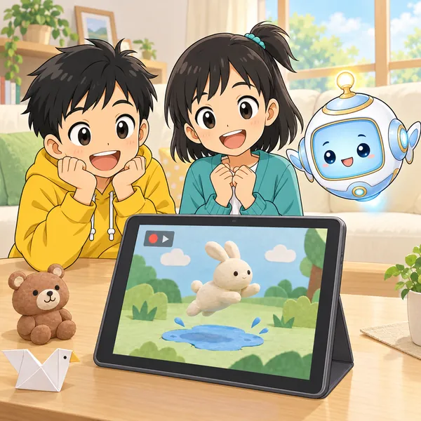 ミオとハルが、ねんどのうさぎが歩くアニメを再生している。