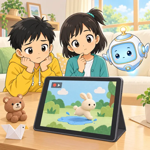 音のないアニメを見て、ハルが少しさびしそうにしている。