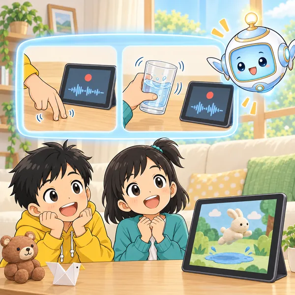 AIロボットが、机をたたいて足音、コップの水で水の音を作る絵を窓に見せている。