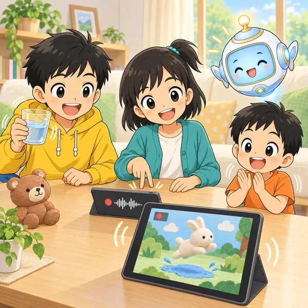 作った音を録音してアニメに入れ、ミオの弟が手をたたいて喜んでいる。