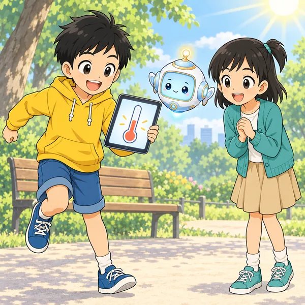 むしむしした公園で、温度計のマークを見たハルが帽子なしで走り出そうとしている。