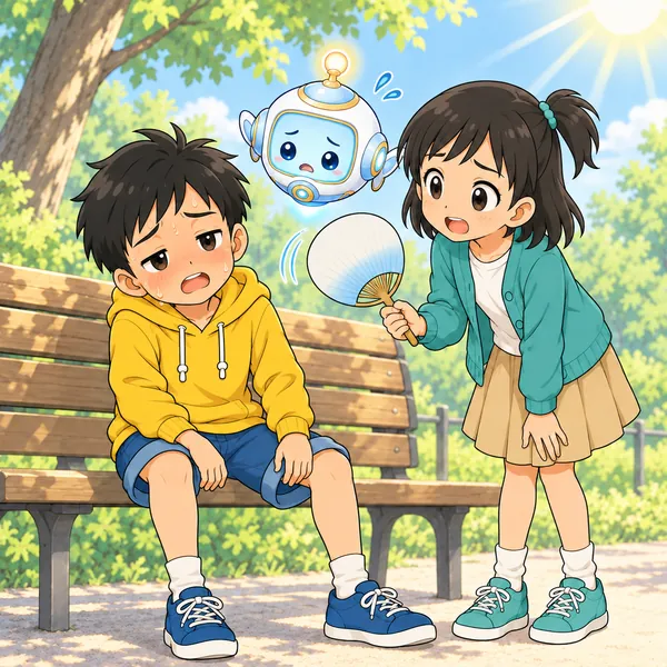 日なたのベンチでぐったりしたハルを、ミオがうちわであおいでいる。