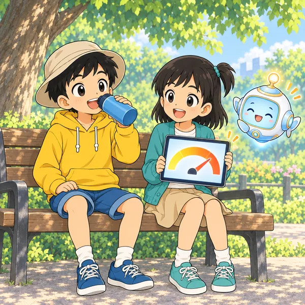 木かげで帽子のハルが水を飲み、ミオが色つきのメーターを見せている。