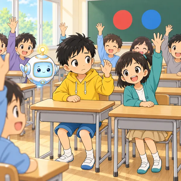 教室でみんなが手をあげ、ハルもおくれて手をあげている。