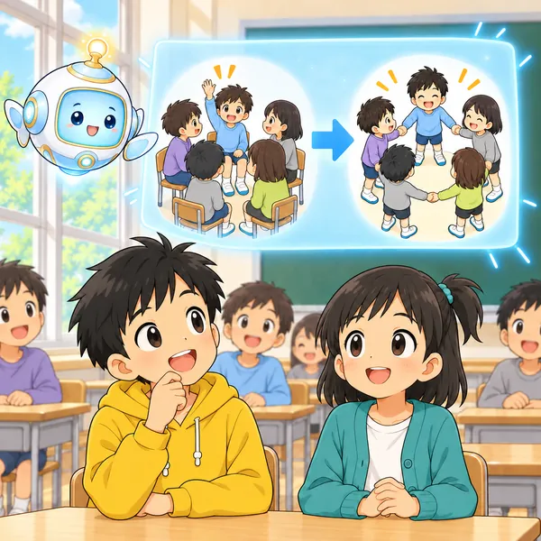 AIロボットが、話し合いで一人が意見を言い、そのあとみんなが手をつなぐ絵を見せている。