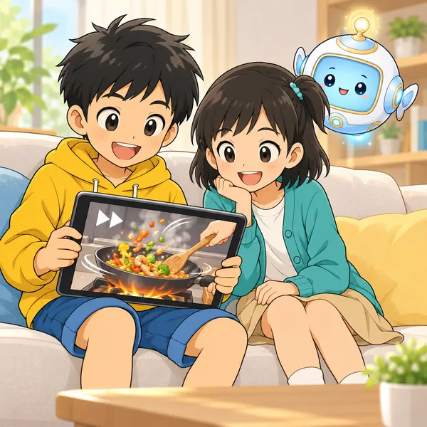 ハルがタブレットで料理の動画を早送りで見ていて、ミオがとなりにいる。