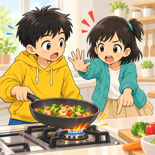 台所で、フライパンを持つハルを、ミオがコンロを指さして止めている。