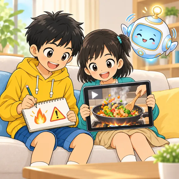 ふつうの速さで動画を見ながら、ハルがメモに火の注意を書いている。