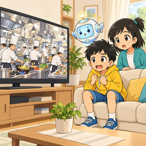 ハルが、テレビに映った大きな厨房のいそがしい様子を、こわそうに見ている。