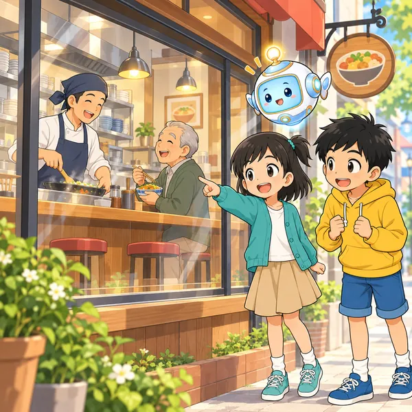 商店街の小さな食堂で、料理をする人がお客さんと楽しそうに話している。