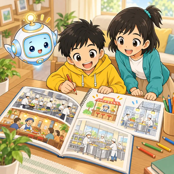 ハルが本を見ながら、ノートにいろいろな料理の職場の絵をかいて比べている。