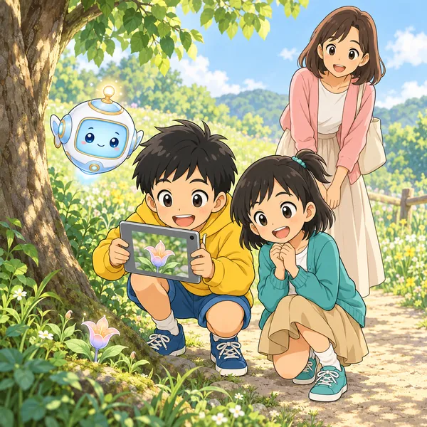 野原の小道で、ハルが木かげのめずらしい形の小さな花をタブレットで撮っている。