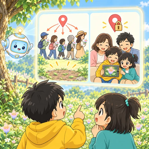 AIロボットが、場所が広まって花がなくなる絵と、ピンにかぎをかけて家族で見る絵を窓に見せている。
