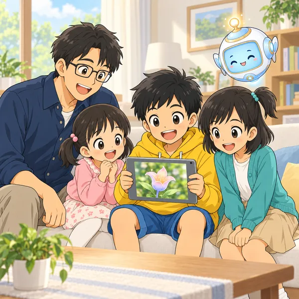 家で、ハルがお父さんと妹に花の写真だけを見せ、みんな笑顔。