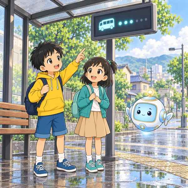 雨上がりのバス停で、ハルが案内板を見上げ、ミオといっしょに待っている。