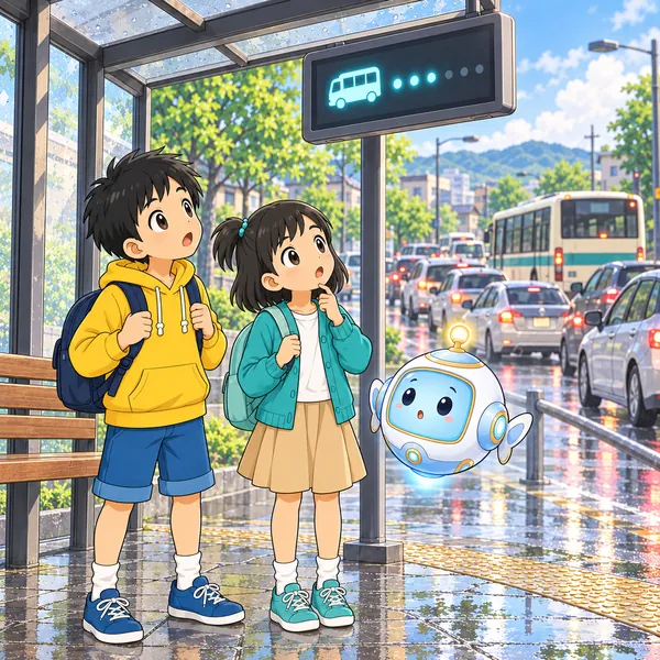 道路がこみあってバスがのろのろ進み、バス停のミオが案内板を見て「あれ？」という顔をしている。